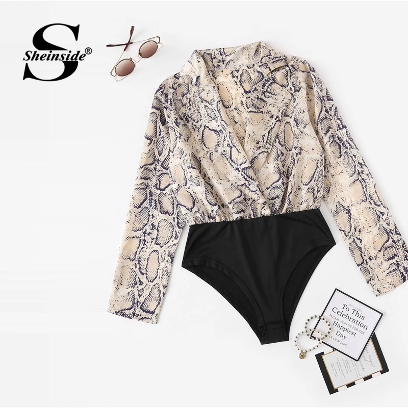 Sheinside Fashion Snake Skin Notched Collar Shirt Bodysuit Women 2019