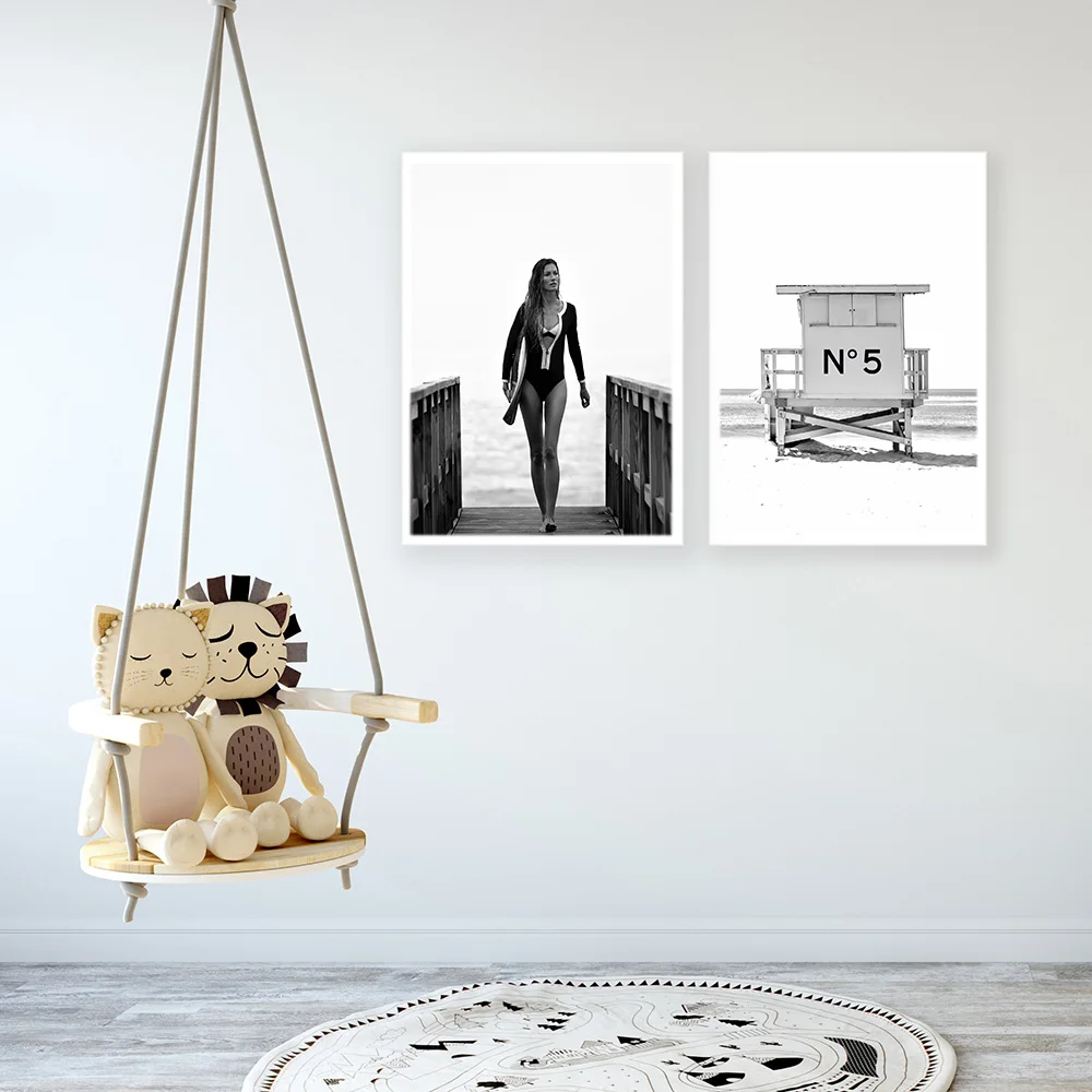 Cuadros Модные женские плакаты и принты для серфинга, постер на холсте, картина черно-белые настенные художественные картины для украшения гостиной
