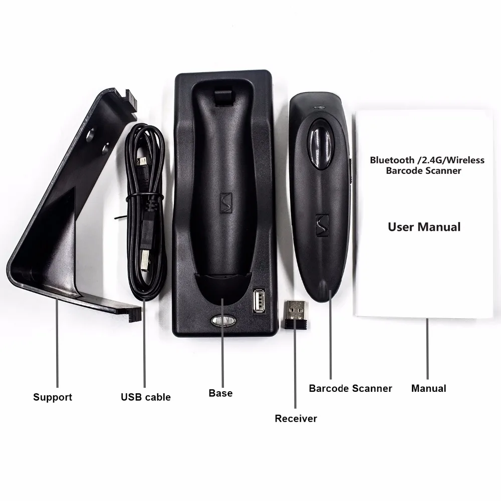 Varredor sem Fio do Código de Barras de Bluetooth Leitor sem Fio do Código de Barras de Bluetooth do Symcode 2.4g com Base da Carga 2d Usb 12 de bluetooth 2d, leitor sem fio do