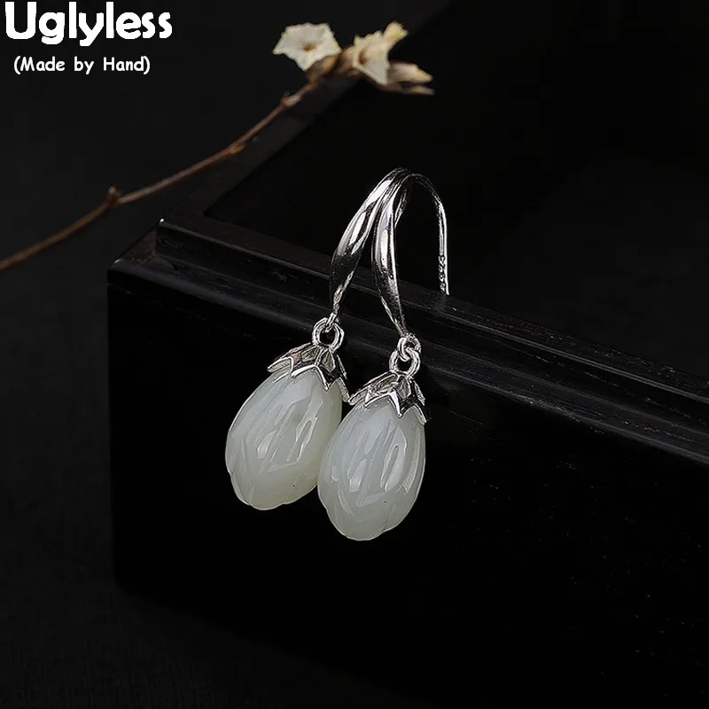 

Uglyless 100% Real Solid 925 Sterling Silver Floral Fine Jewelry for Women Brincos Bijoux Handmade Nature Jade Magnolia Earrings