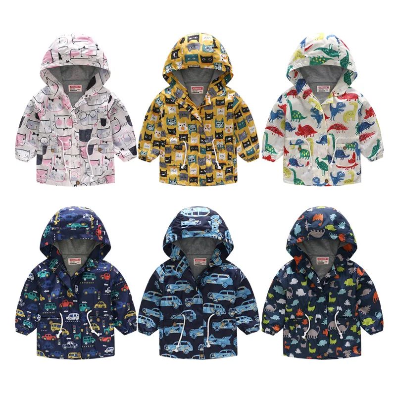  2019 Spring Autumn Cartoon Printed Kids Jackets Boys Girls Children Hooded Waist Windbreaker Baby C