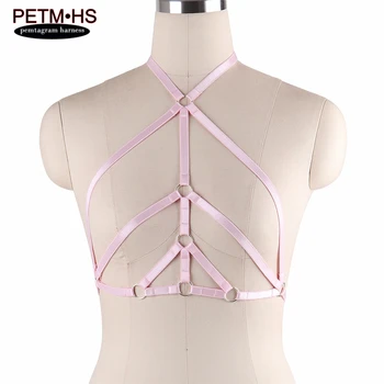 

Womens Pink Harness Bondage Body Cage Bra Lingerie Elastic Straps Crop Tops Bustier Goth underwear Belt Fetish Exotic Rave Wear