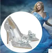 2015 Cinderella glass slipper with money pointed high-heeled leather fine with rhinestone sequins glass bridesmaid wedding shoes