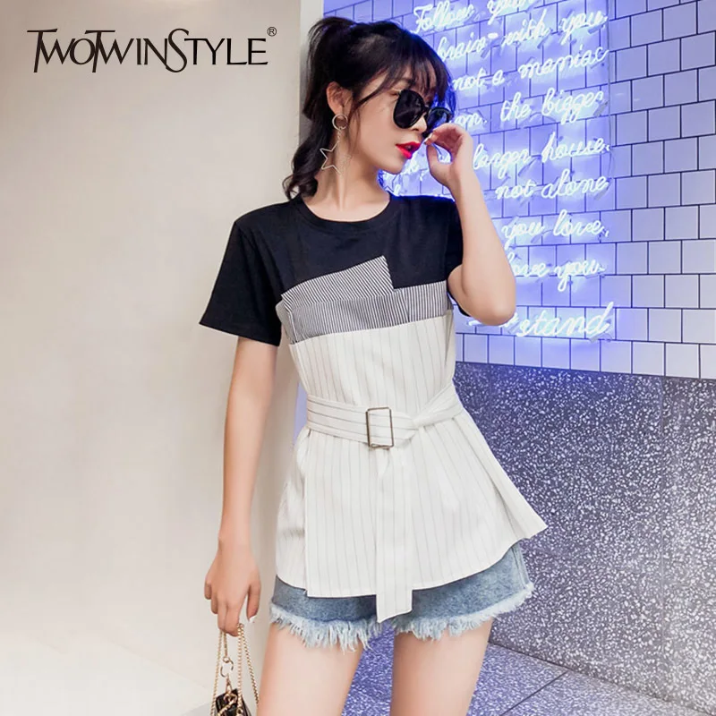 TWOTWINSTYLE Striped T Shirt Women Patchwork Sashes High