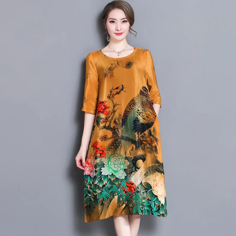

High Quality 2018 Women Dress Elegant Floral Spring Summer Three Quarter Sleeve Vestidos Chinese Vintage Print Faux Silk Dresses