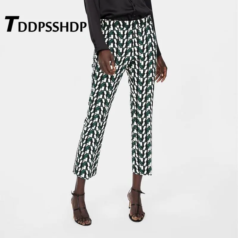 

Green and White Geometric Printing Women Pants 2019 New Spring Casual Ankle Length Female Trousers