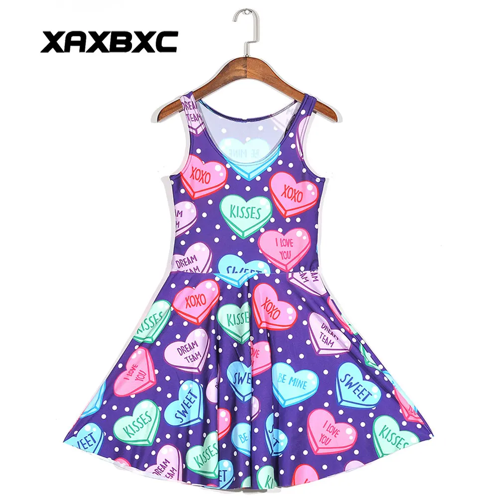 

XAXBXC New 1144 Summer Sexy Girl Dress Colorful Love Heart Candy Prints Reversible Vest Skater Women Pleated Dress Plus Size
