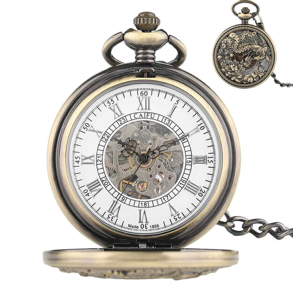 

Luxury Retro Bronze Mechanical Pocket Watch Half Hunter Phoniex Flowers Lucky Design Men Women Hand-up Fob Hour Gift Pendant