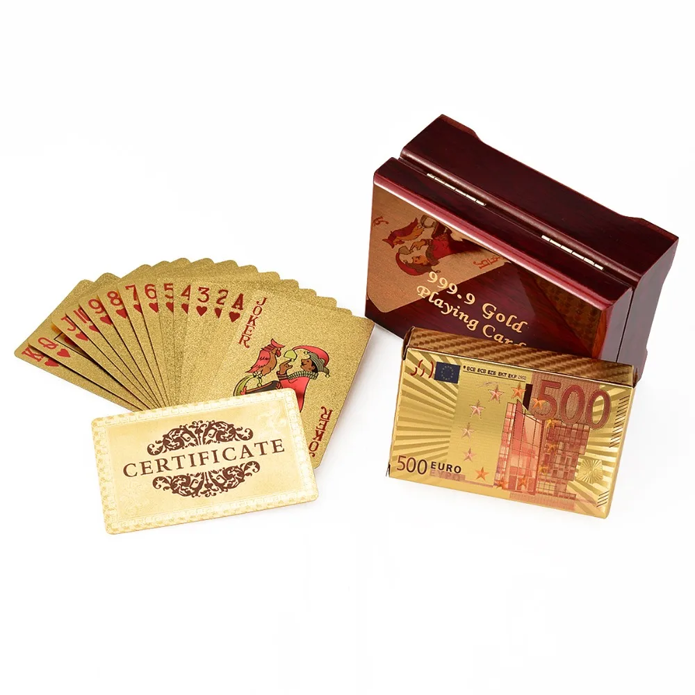 Новые золотые Серебристые игральные карты с деревянной коробкой сертификат евро, доллар Стиль Пластиковые фольги Покер водонепроницаемая карта игровая доска игра
