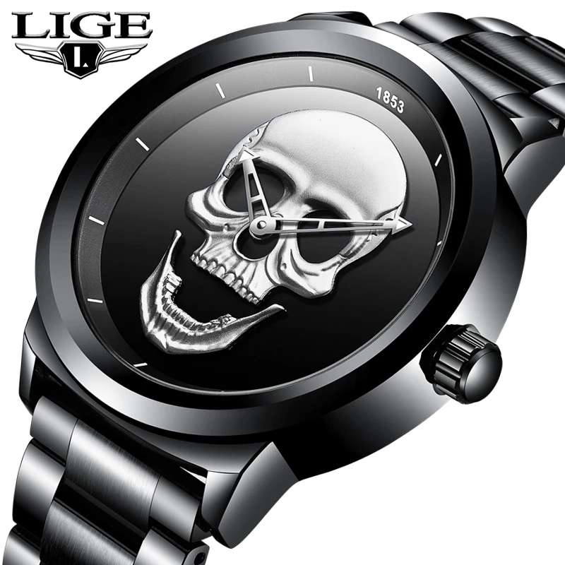 

LIGE Brand 3D Skull Luxury Watches Men's Fashion Sport Quartz Watch Men Full Steel Waterproof Business Watch Relogio Masculino