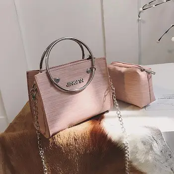 

2 bag 2018 Fashion New Women Handbags High-quality PU leather Tote Handbag High quality Women's Handbags Ring Chain Shoulder bag