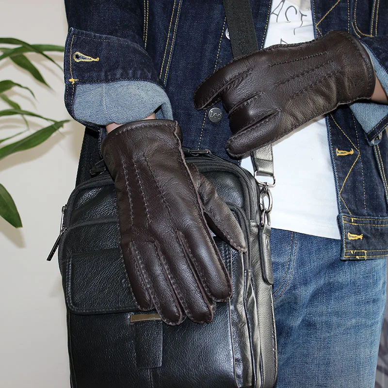 2017 Guantes Зимние перчатки мужские кожаные перчатки все ручной работы оленьей подкладка в полоску Стиль мягкая нежная скидки прямые