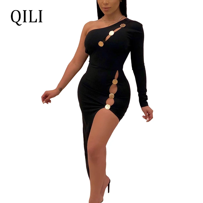 

QILI One Shoulder Long Sleeve Women Dress Sexy Hollow Out Asymmetrical Dresses Evening Party Club Dress Blue Black Burgundy