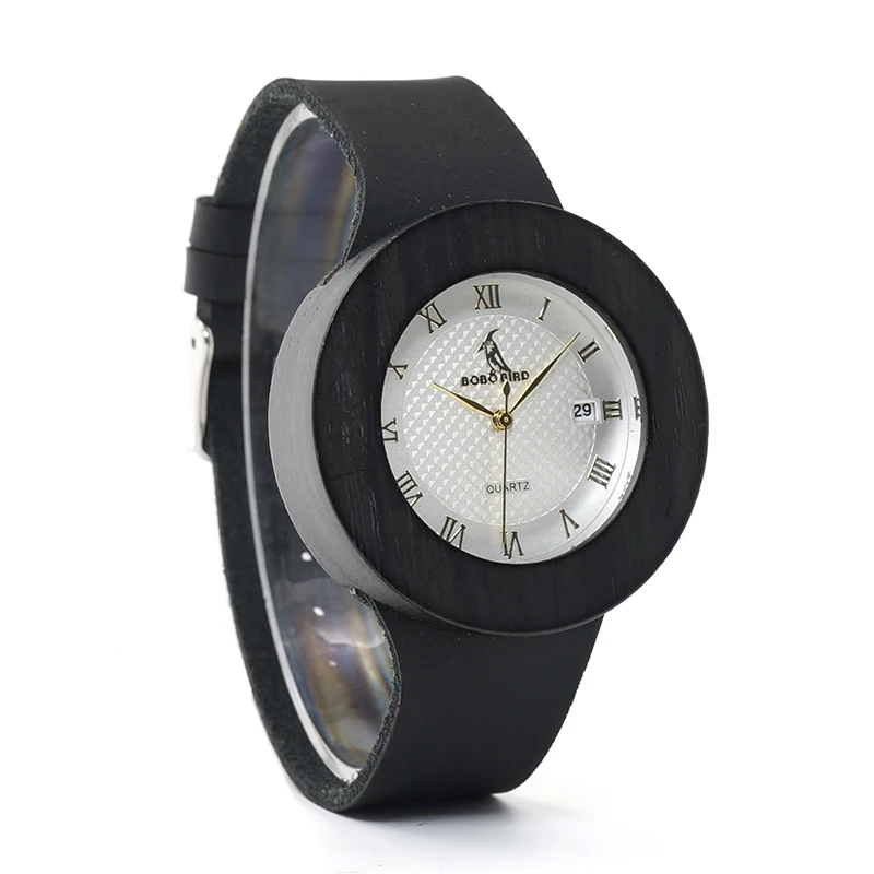 BOBO BIRD WC02C03, черные деревянные часы, мягкий кожаный ремешок, металлическая шкала, аналоговый календарь, качество Miyota, механизм в подарочной коробке