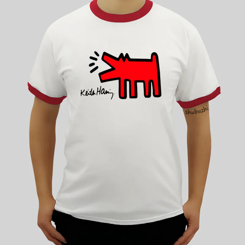 

drop shipping men raglan t shirt 100% Cotton Humor Mens Crewneck Tee Shirts Keith Haring Dog Adult fashion brand casual T-shirt