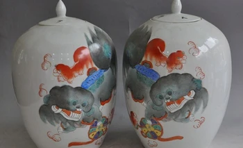 

chinese Porcelain foo dog lion beast ball statue Tanks Crock Jar Bottle Pot pair