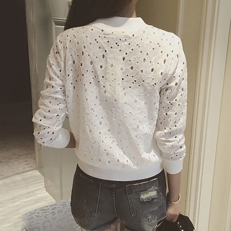 

Fashion Women Bomber Jacket Long Sleeve Lace Sunscreen Shirt Short Summer Thin Coat Casual Baseball Coat QL Sale