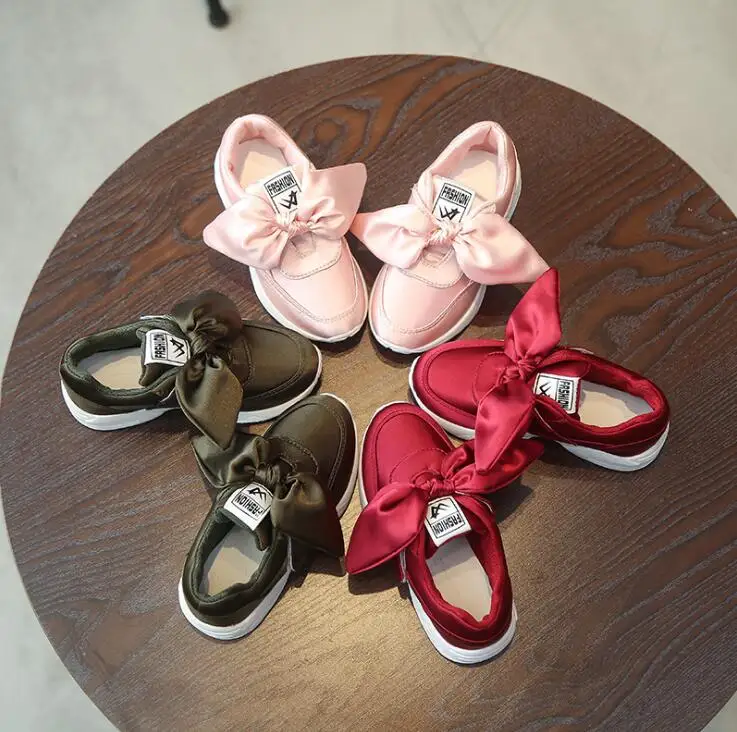 

2019 spring new girls sneakers Silk cloth bowtie children's casual sports shoes Breathable silk girl student walking shoes 26-36