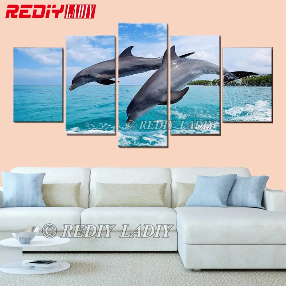 

REDIY LADIY Diamond Mosaic Triptych Crystal Full Square Diamond Embroidery 5 Panels Modular Picture Diamond Painting Dophin Love