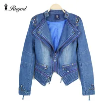 Hot sale 2016 Women Autumn Winter Solid Blue Cotton Denim Jacket Fashion Retro Long Sleeve Jeans Coats Rivets Female Jackets