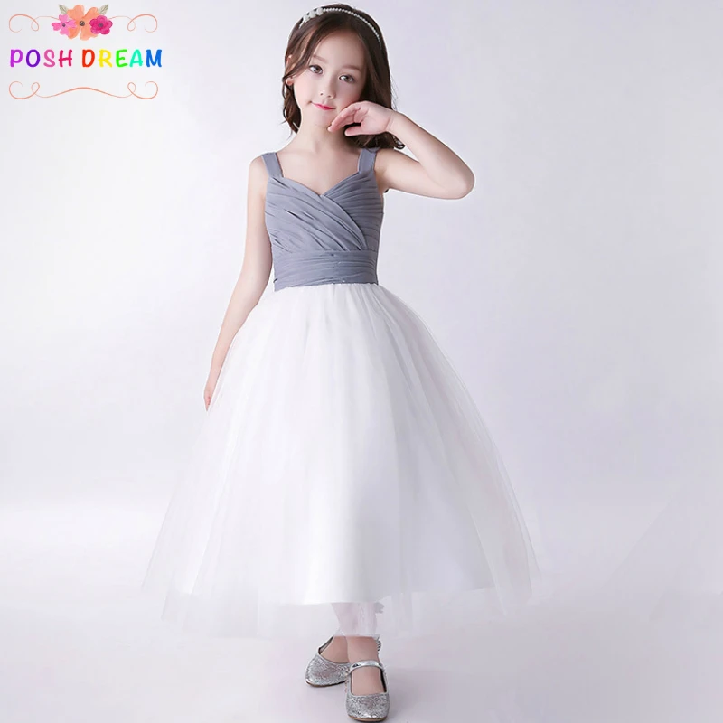 POSH DREAM Flower Girl Dress Grey and White Tulle Holiday Wedding Party