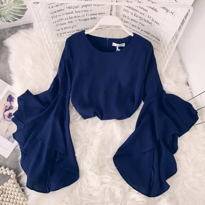 Koop 2019 Lente Koreaanse Nieuwe Ruffled Trompet Mouwen vrouwen Shirt O hals Effen Kleur Chiffon Vrouwen Blouses Fashion Trend Dames Tops