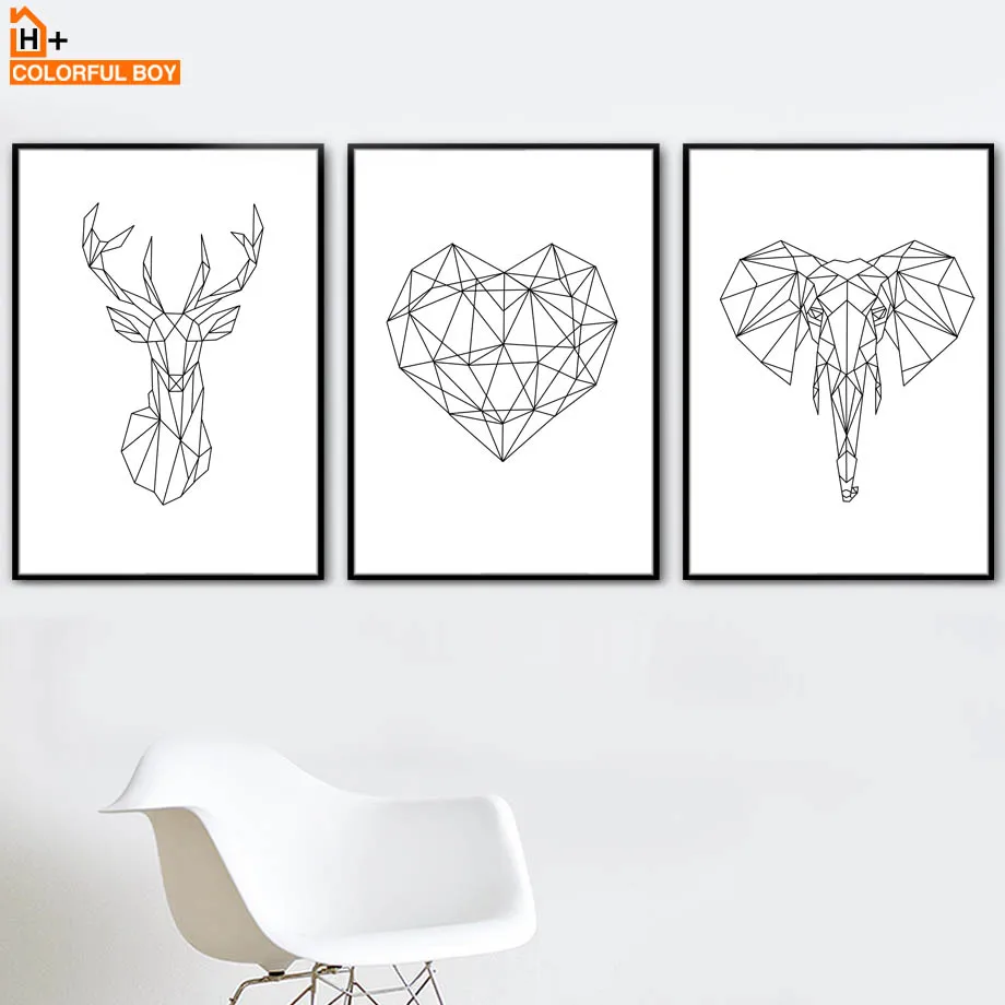 

Geometry Deer Elephant Heart Wall Art Canvas Painting Nordic Posters And Prints Black White Wall Pictures For Living Room Decor