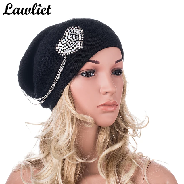 New Winter Autumn Women's Hat Cashmere Heart Rhinestone Beanies Street