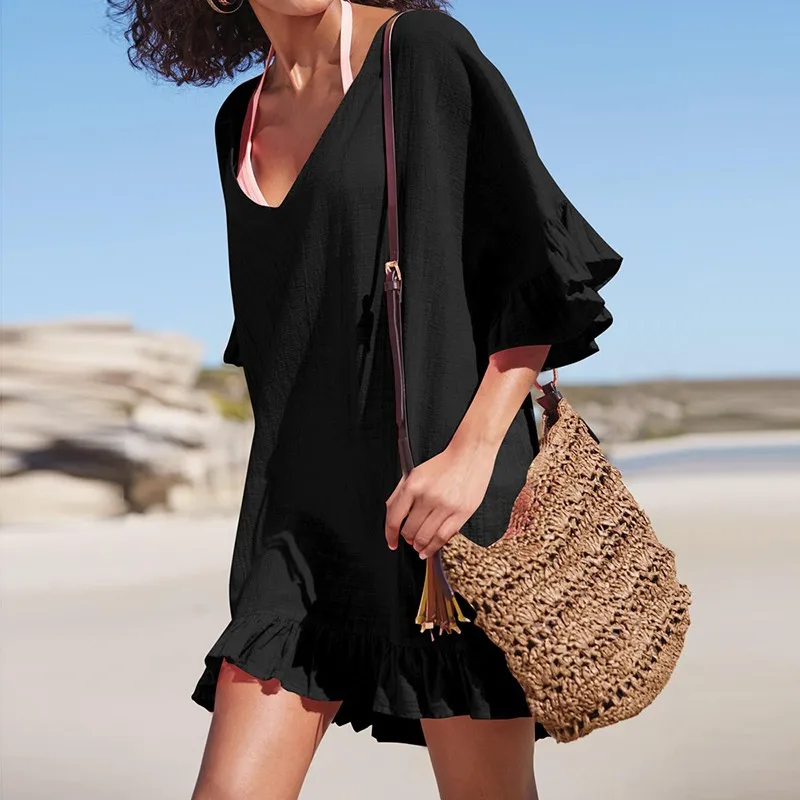 Sexy V Neck Top Summer Ruffle Bikini Beach Cover Up Blouse Half Flare