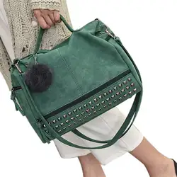 Новая Винтажная женская сумка из искусственной кожи с заклепками, большие женские сумки, сумка на плечо с шариками для волос, мотоциклетная