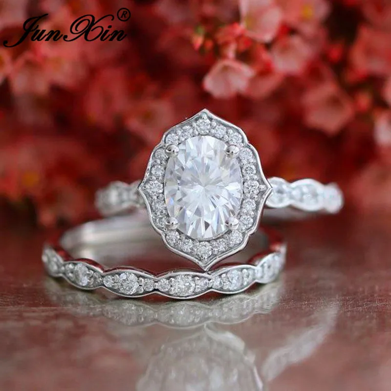 JUNXIN Vintage Oval Stone Big Women's Ring Sets 925 Silver/Rose Gold Filled AAA White Zircon Birthstone Engagement Couple ring