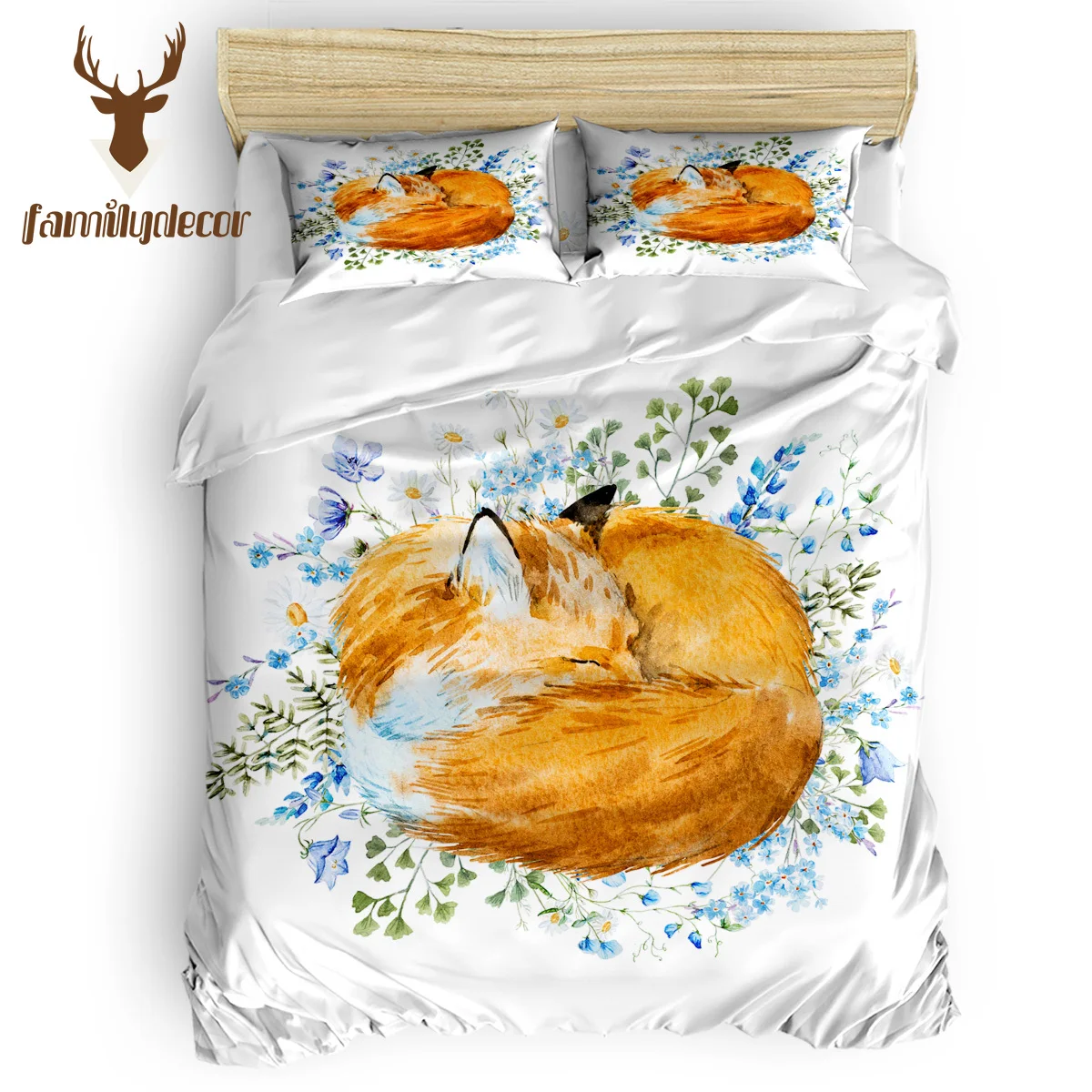 

FamilyDecor Animal Watercolor Sleeping Fox Bedding Set Luxury Comforter Bedding Sets 3D King Size Red Blue Cotton DHL Free Shipp
