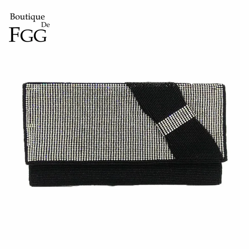 Boutique De FGG Dazzling Crystal Silver Bow Evening Purse Indian Handmade Beading Clutch Wedding Prom Bag Bridal Beading Handbag