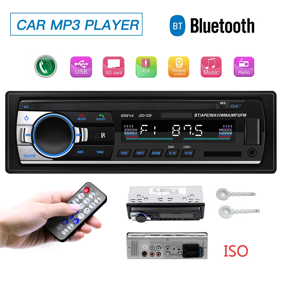 En Ligne Autoradio USB Bluetooth 12V Autoradio coche récepteur stéréo FM Aux TF entrée SD Audio jsd 520 In dash 1 din lecteur MP3 multimédia