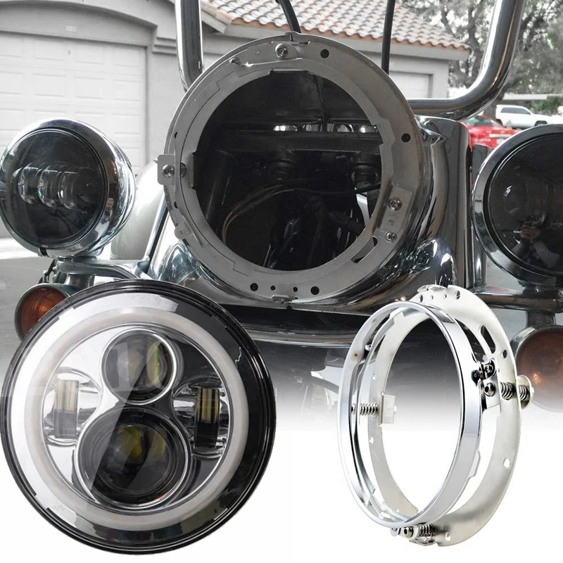 

7 Inch Led Headlight With Silver Round Mounting Bracket Ring for Motorcycle