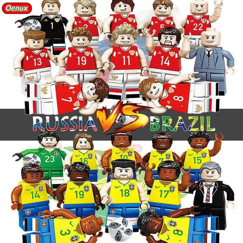 

Oenux Newest Football Player Figures Building Block Russia VS Brazil Team Football Game Model DIY Block Brick Collection Toy