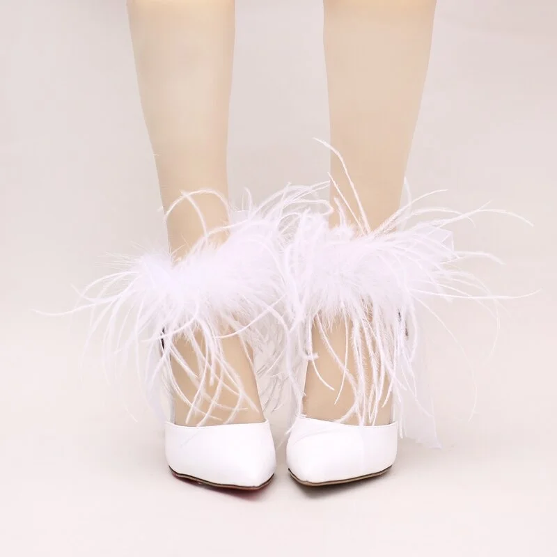 

Shoes Women Sandals Pumps White Pointed Toe Thin Heels High Heels Wedding Shoes Elegant Feather Wristband Bridal Shoes 7CM Heel