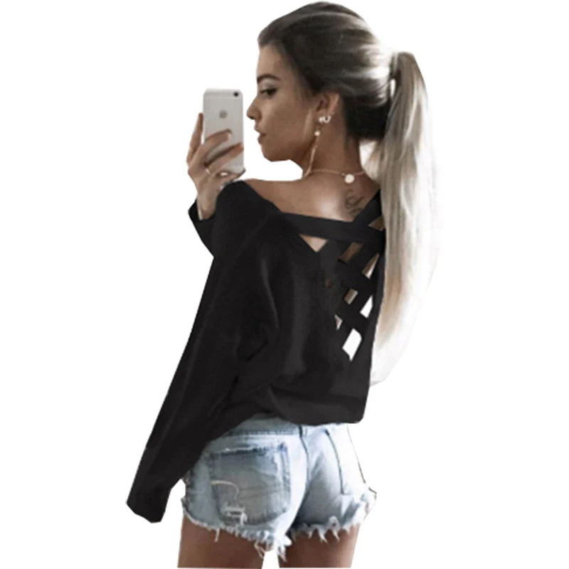 

2019 women sweater long sleeve round neck Hot spring and summer back cross bandwidth loose casual sexy sweaters vestidos OYM0232