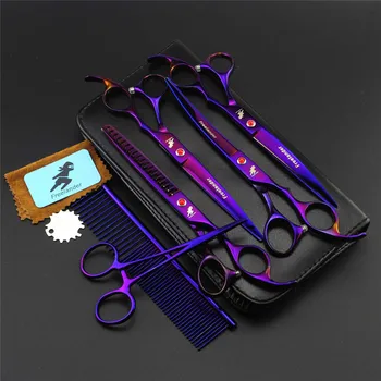 

7.0 inch Professional Pet Grooming Kit Straight & Thinning & Curved Pets Scissors Cat Dog Hair Cutting Shears+Comb Hemostat Bag