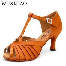 Shengzixue/Женская обувь для латинских танцев, со стразами, размеры США 4-12, бронзовая атласная обувь для сальсы, удобная обувь для танцев на каблуке 9 см