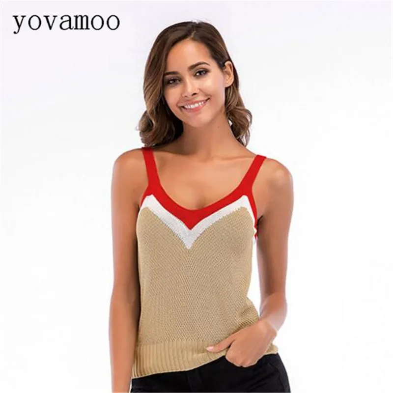 

Yovamoo 2018 New Spaghetti Strap Color Block V-neck Sexy Knitted Suspenders Basic Vest Short Design Summer Tank Top Women
