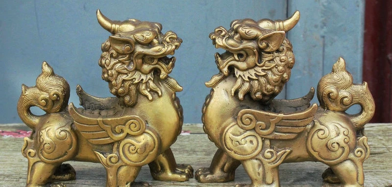 

Chinese FengShui Brass Evil Dragon Kylin Unicorn Wing Beast Statue Figurine Pair