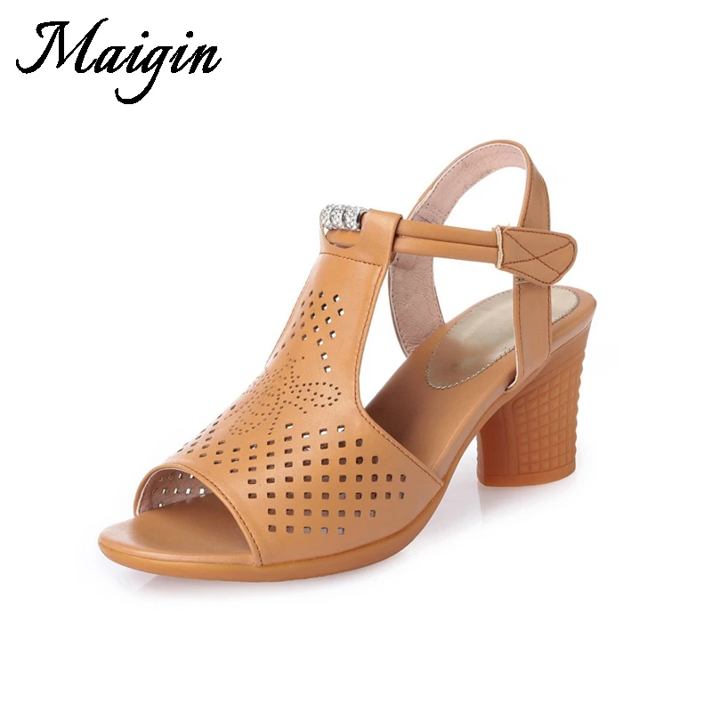 Maigin Genuine Leather Women Sandals 2018 New Peep Toe Ankle Boots for Women Hollow Out Summer Shoes Thick Heels Ladies Sandals
