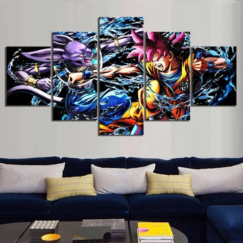 

5 Piece Cartoon Pictures Beerus Vs Goku Super Saiyan God Dragon Ball Super Anime Poster Artwork Canvas Paintings for Wall Decor