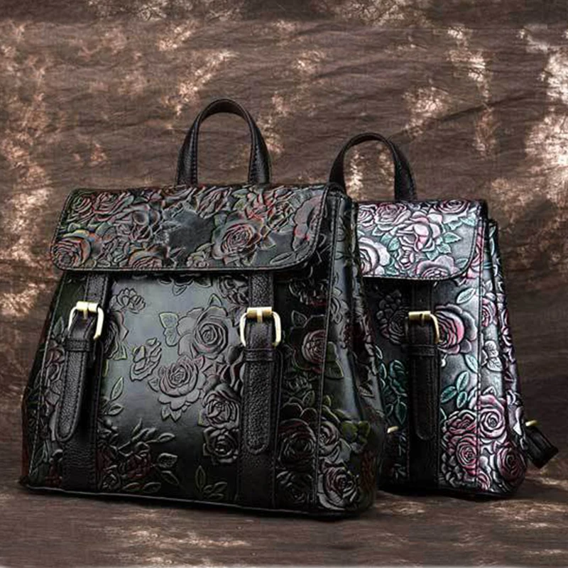 

High Quality Women Genuine Leather Backpack Daypack Vintage Floral Embossed School Bag Female Natural Skin Knapsack Rucksack