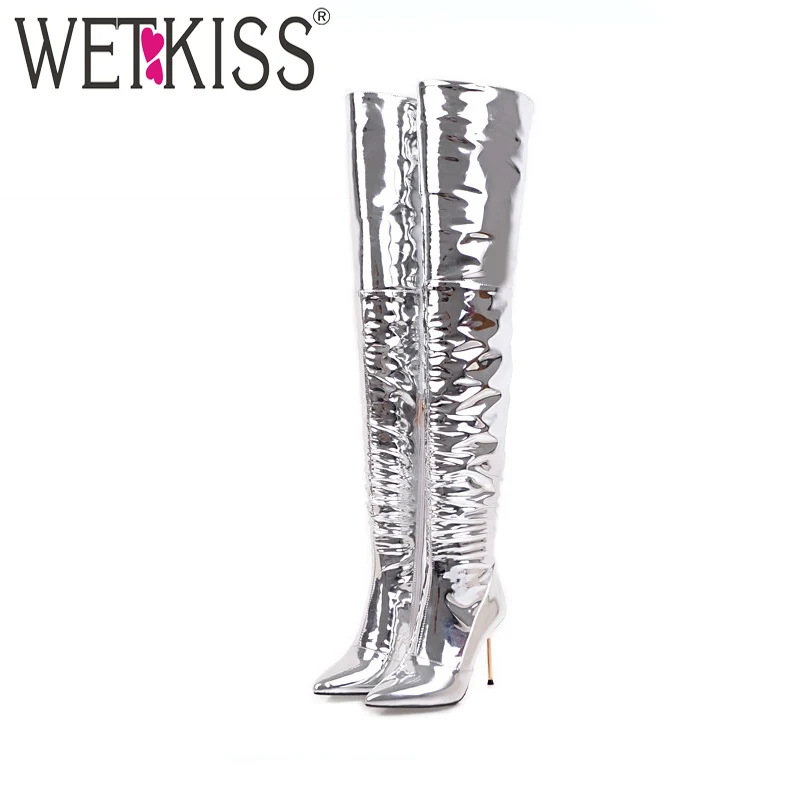 

WETKISS Sexy Mirror Pu Women Boots Pointed Toe Zip Footwear Over The Knee High Heels Female Boot Fur Party Shoes Woman Winter