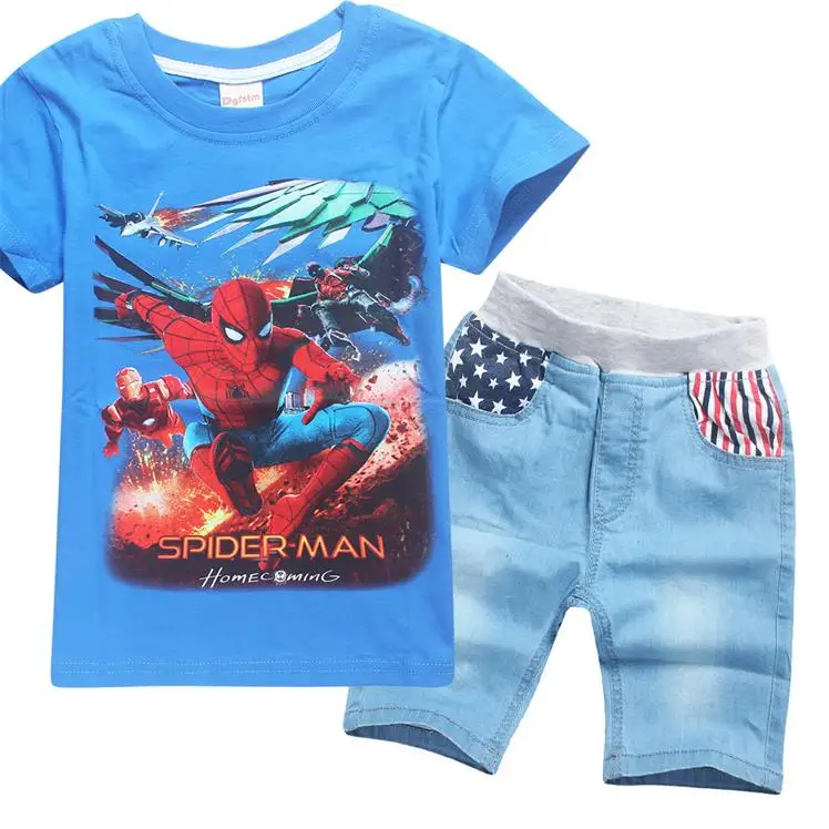 Новые летние дети хлопка Костюмы комплекты Комплекты одежды для маленьких мальчиков с рисунком Человек-паук детская футболка+ шорты 2 шт. Повседневное спортивный костюм