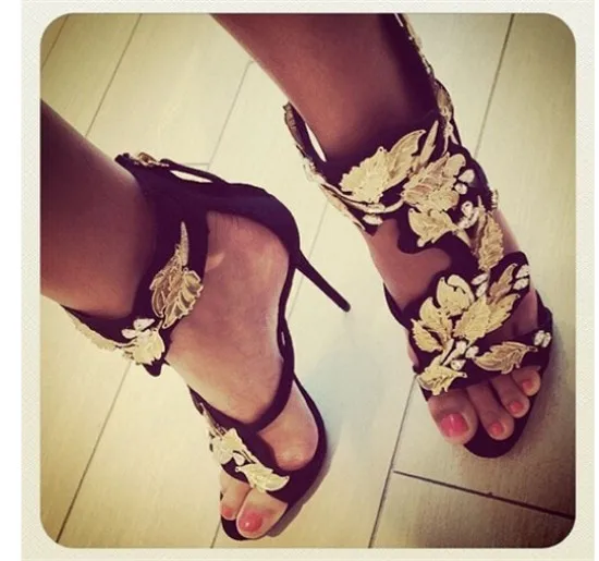 Luxury Crystal Gold Leaf Women Sandals Black Suede Gladiator Sandals Women Wedding Shoes Woman High Heels Pumps Sandalias Mujer (7)