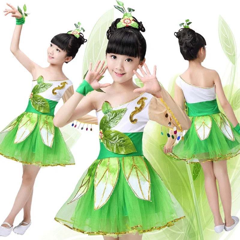 Новинка; Балетные костюмы с травой; детские танцевальные костюмы для выступлений; Жасмин Зеленый; быстро длинная вуаль с листьями; одежда для детей