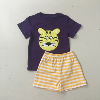 

Puresun 2019 Football Season New Baby Boys Boutique Clothing Set Fashion Tiger Embrodery Tops Striped Shorts Kids Outfits